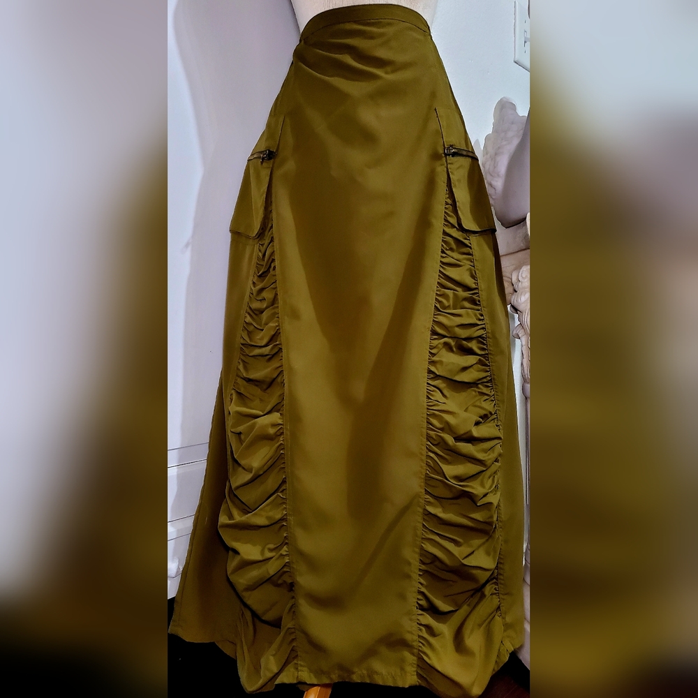 Rare Vintage Y2K RUCHED Cargo Maxi Skirt MILITARY Army GREEN 3 4